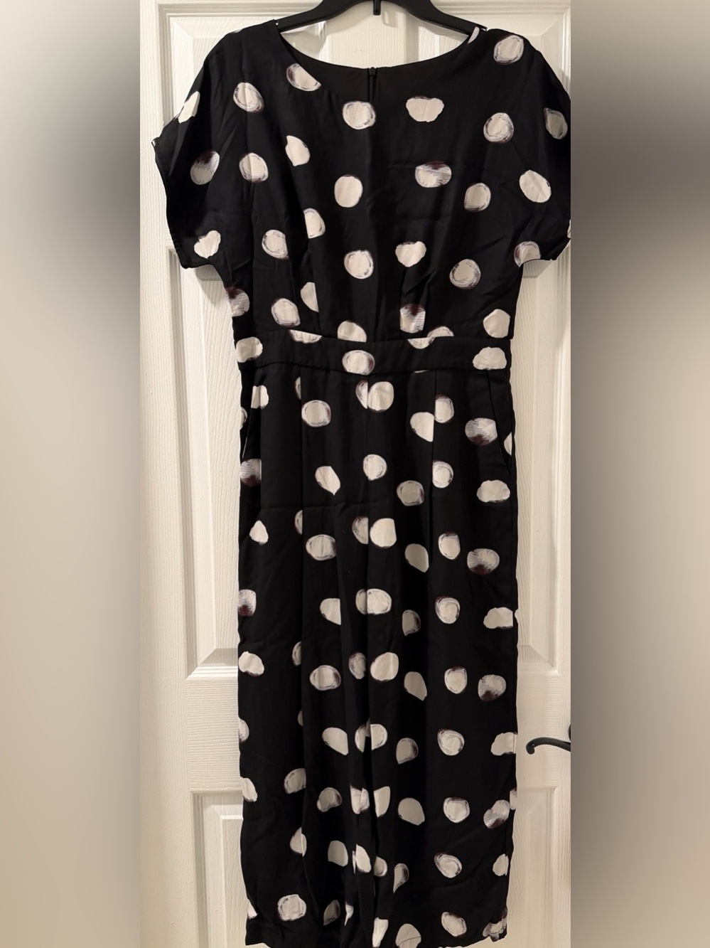 Black White Polka Dot Pattern Jumpsuit XL Scoop Neck Dolman Sleeve Pleat Detail